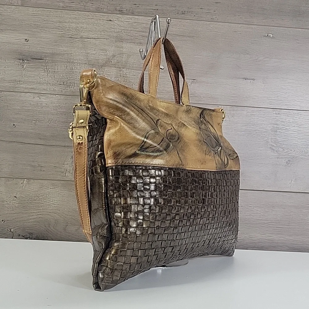 Large Civico 93 Floral Hand Painted Italian Leather Tote Bag - Gold and Brown